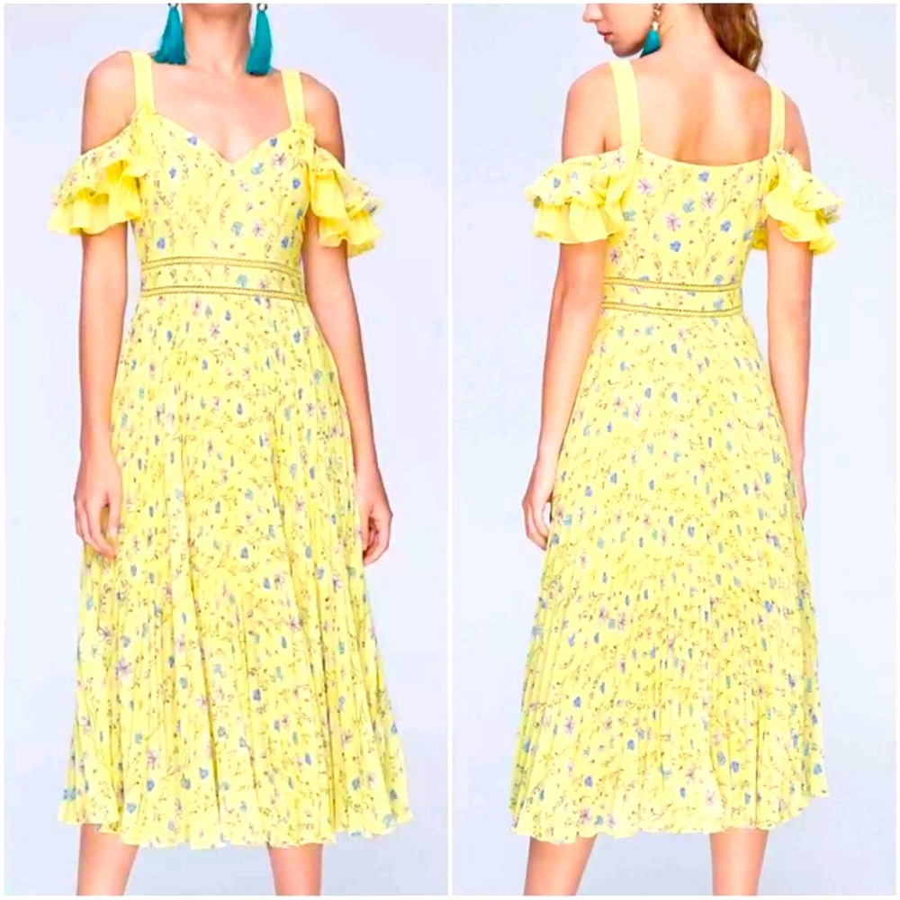 OPT Restina floral print pleated A-line yellow floral midi dress